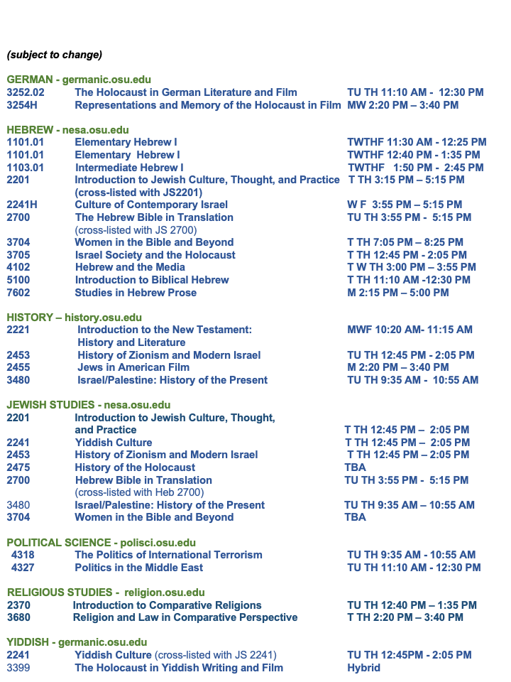 list of Autumn 2024 Jewish studies courses
