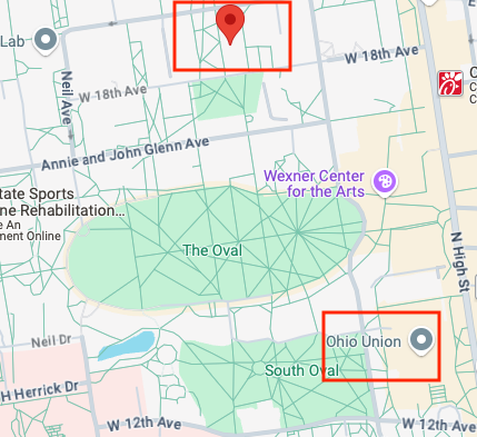 Ohio State campus map with McPherson Hall and Ohio Union parking