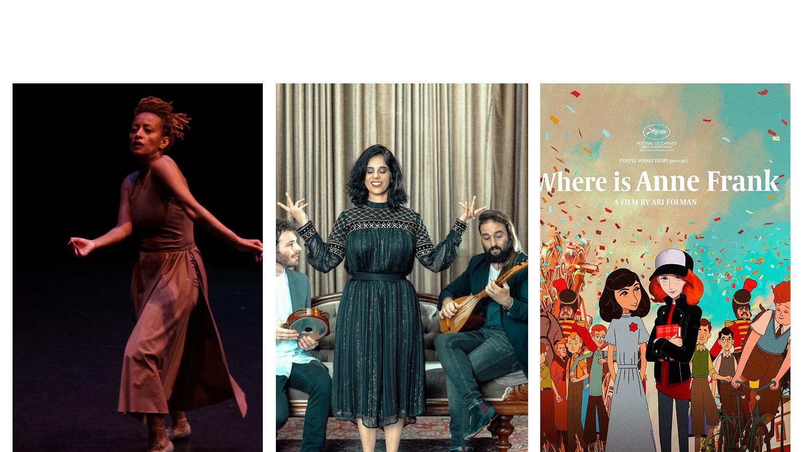 Israeli dancer Dege Feder, Yamma Ensemble, and a scene from the film "Where is Anne Frank?"