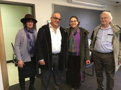 Photo of Professor Tamar Rudavsky, Ruby Namdar, and Professors Adena Tanenbaum, and Joseph Galron