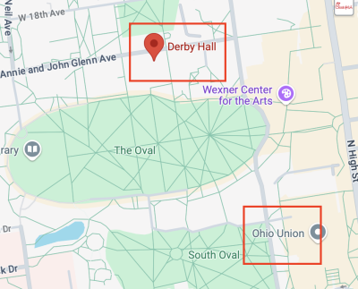 Ohio State map showing Derby Hall and Ohio Union parking garage