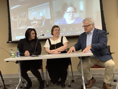 panelists at the Religious Laughter symposium, Professors Samah Choudhury, Jenny Caplan, Ann-Marie Curley, and Hannibal Hamlin