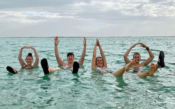 Students forming O-H-I-O in the Dead Sea