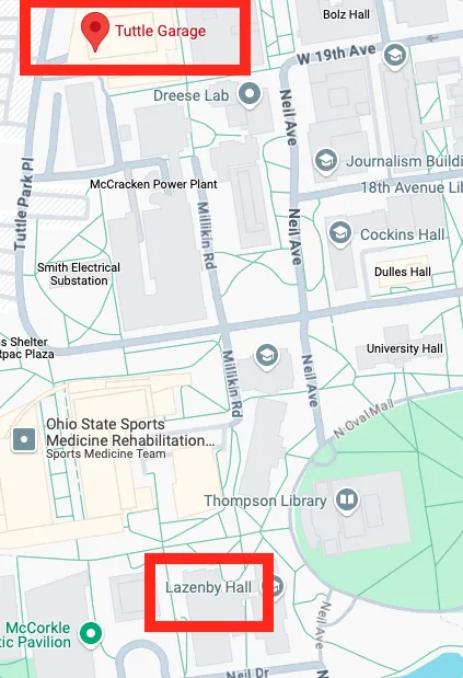 map showing Tuttle garage and Lazenby Hall